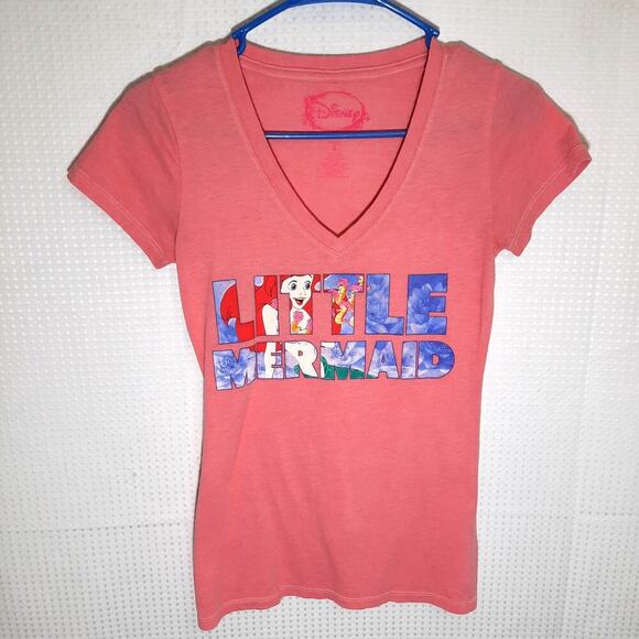 Disney Little Mermaid S V-Neck Ariel Graphic Tee Pink Princess Shirt Flawed - Picture 1 of 7